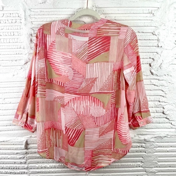 Chico's Drapey Pullover Top Hi-Lo Hem Front Tie V-Neck Pink Tan Abstract Print S - Picture 6 of 13